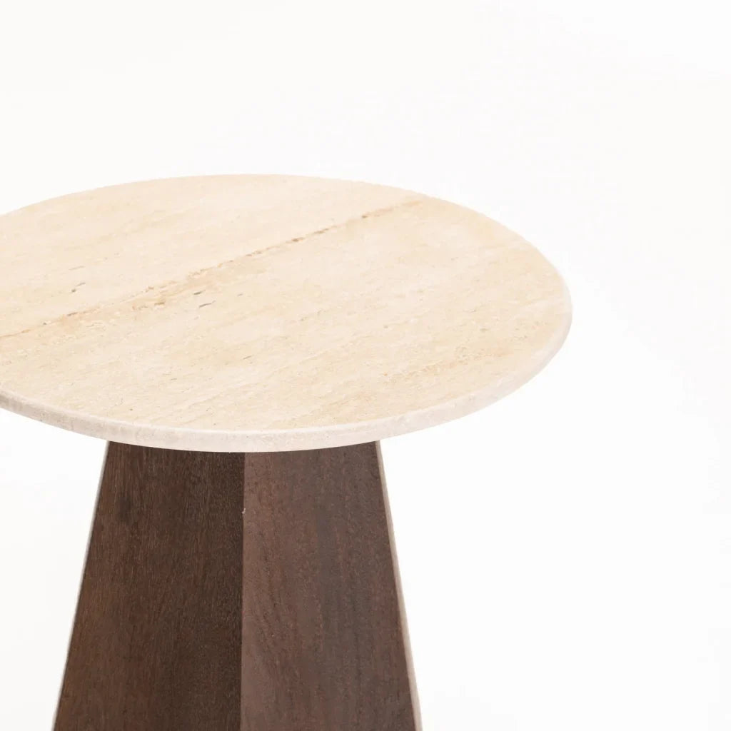 RANI 45cm ROUND TRAVERTINE & SOLID WOOD SIDE TABLE