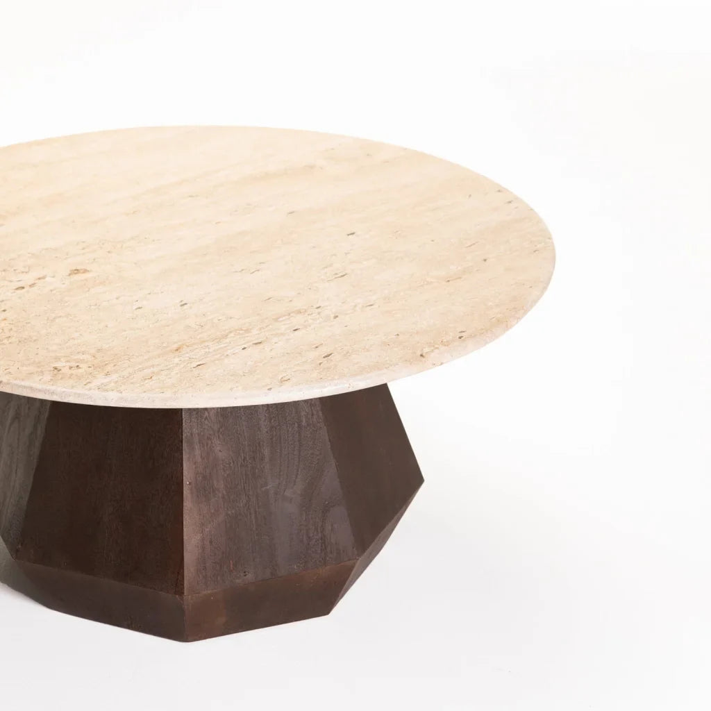 RANI 80cm ROUND TRAVERTINE & SOLID WOOD COFFEE TABLE