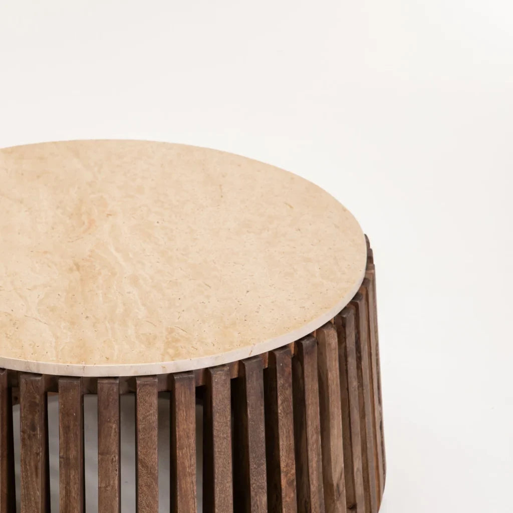 SARI ROUND TRAVERTINE TOP SOLID WOOD COFFEE TABLE