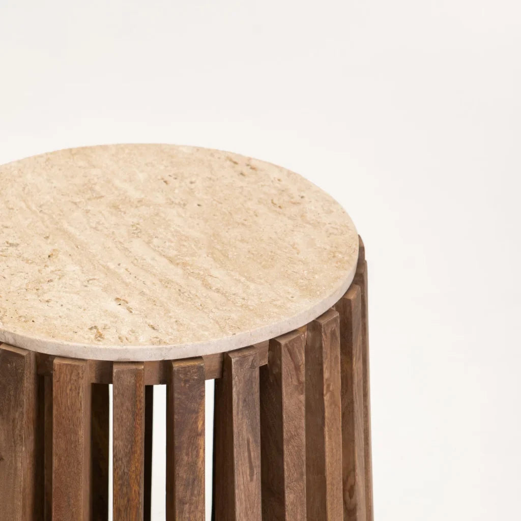 SARI ROUND TRAVERTINE TOP SOLID WOOD SIDE TABLE