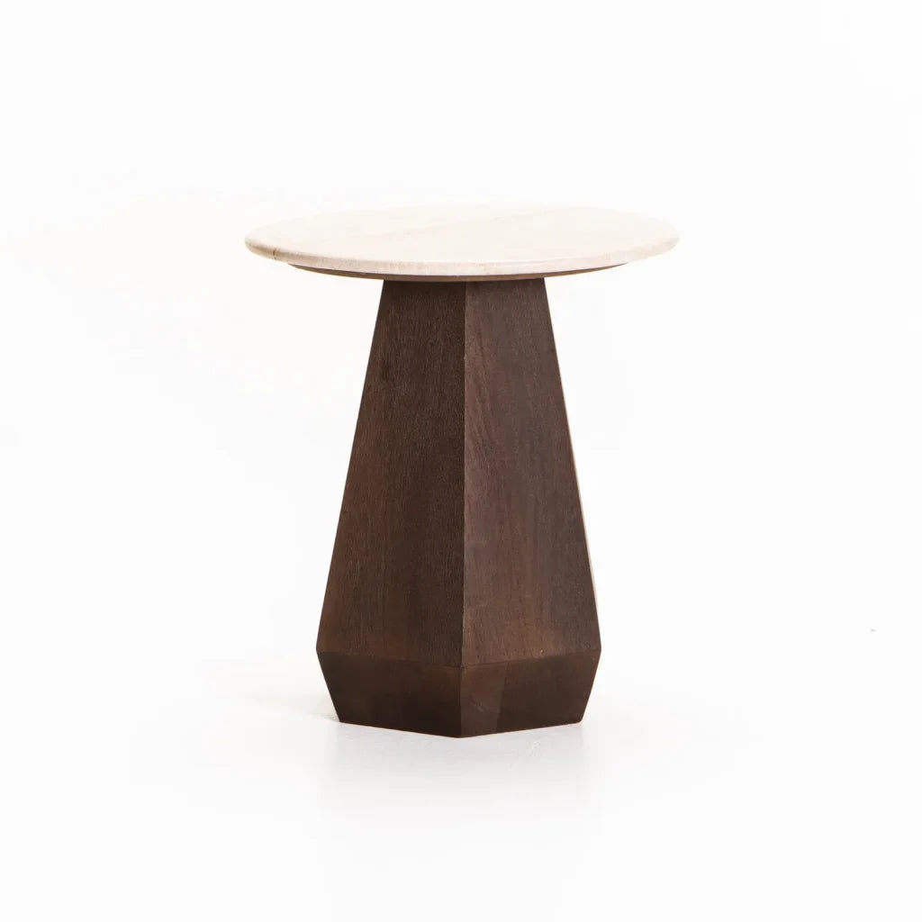 RANI 45cm ROUND TRAVERTINE & SOLID WOOD SIDE TABLE